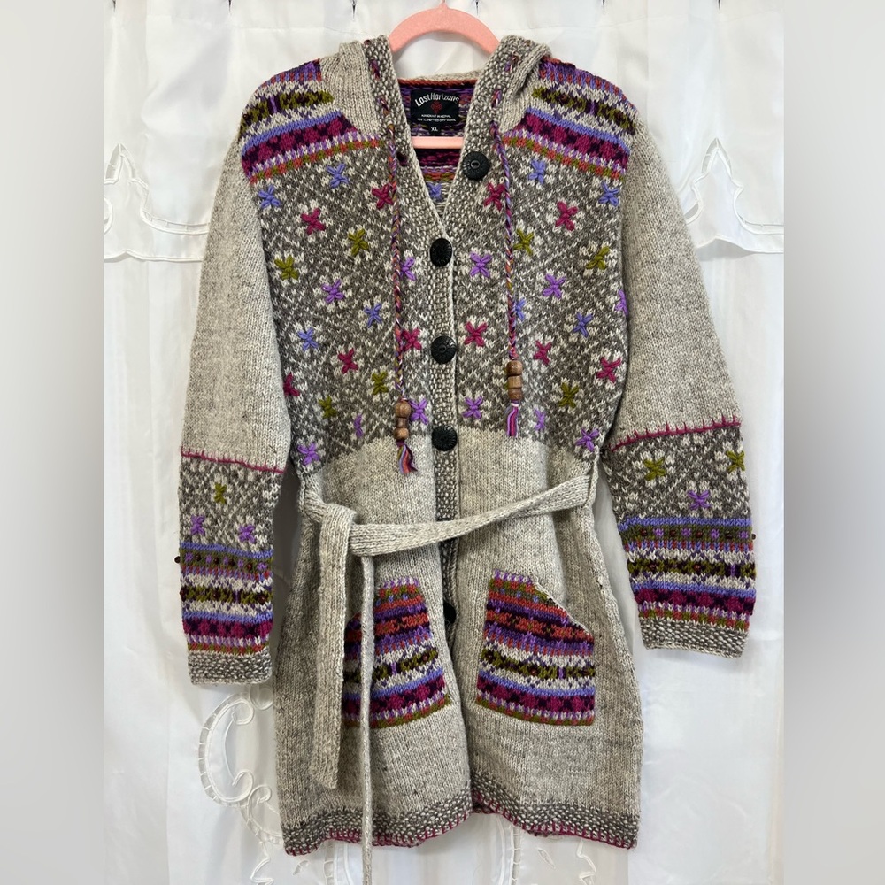 Lost Horizons Wool Hooded Cardigan XL Belted Fair Isle Chunky Knit Sweater Boho